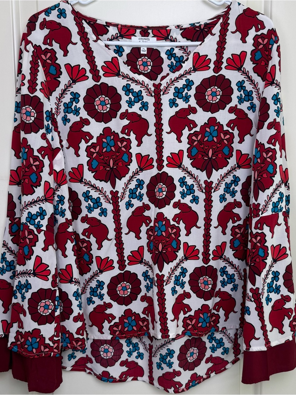 Crown & Ivy Petite L Elephant Floral Bell Sleeve Hi Low Rayon Blouse